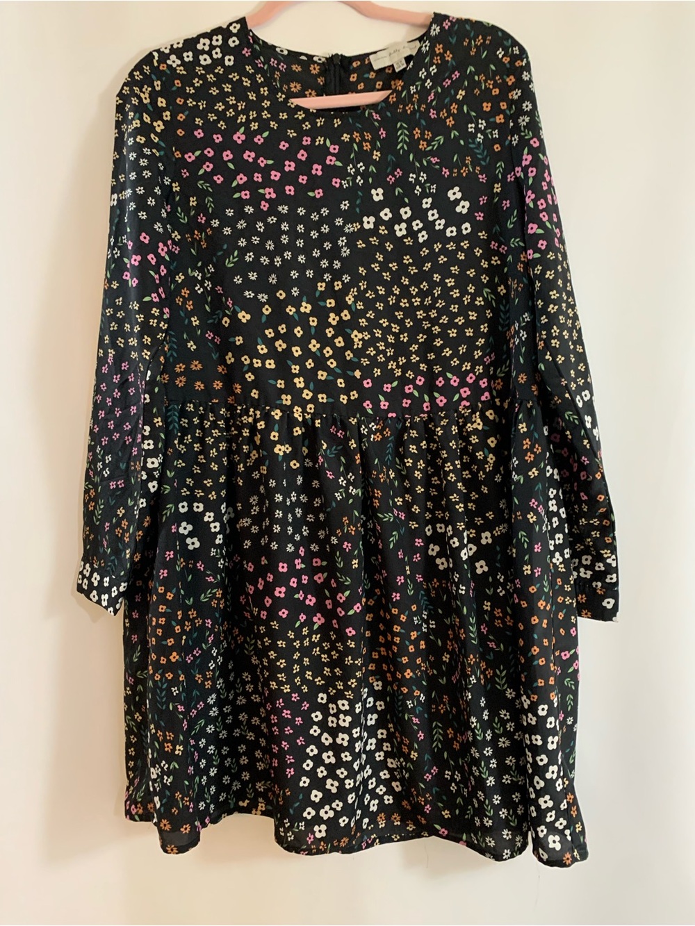 Never Fully Dressed Black Mini Dress with Peach, Pink & White Floral Print